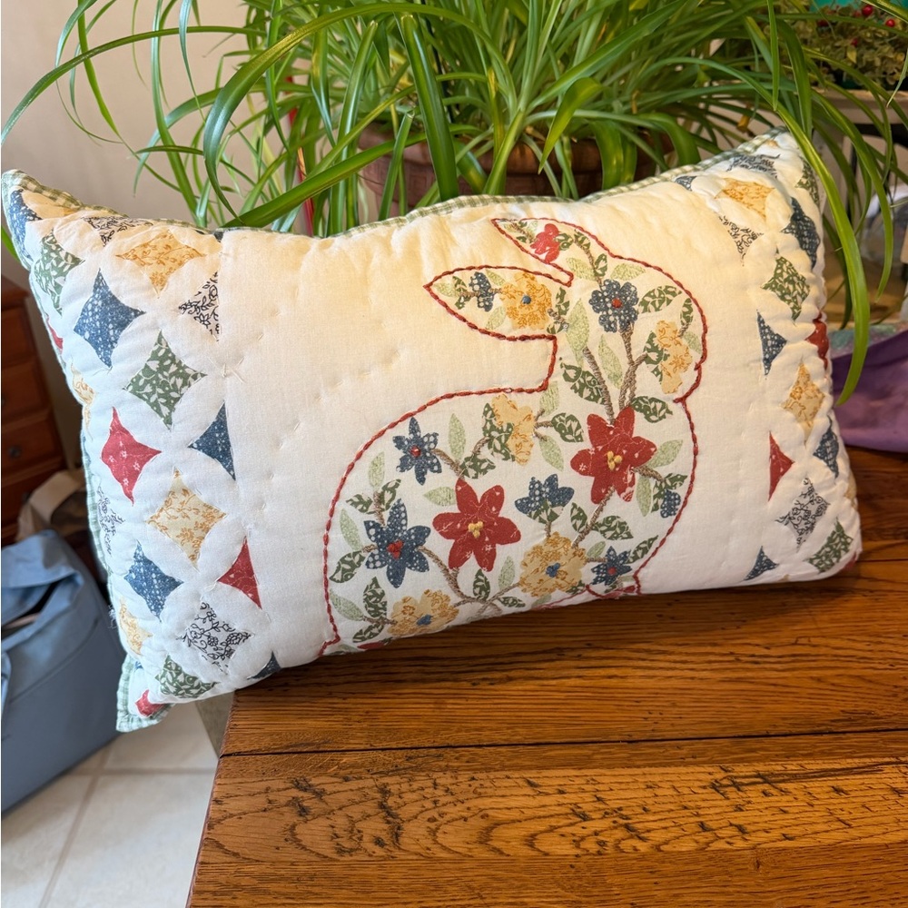 Handmade Floral Appliqué Bunny Accent Pillow - Cream with Multicolor Flowers